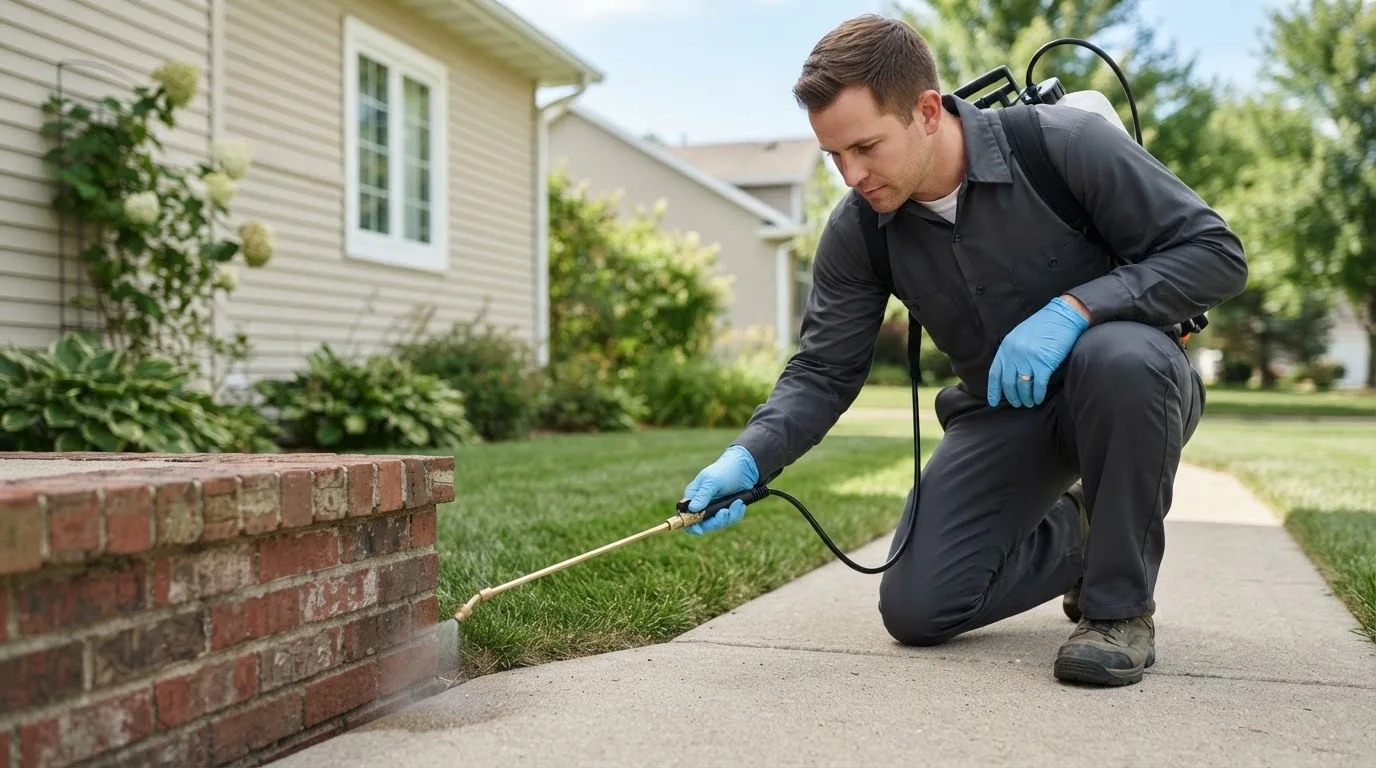 Pest control technician treating a home near Cardinal, VA